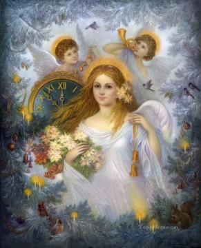  birds Oil Painting - Christmas Angel with birds and rabbit Fantasy